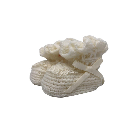 Vintage Baby Booties, Cream Knitted Fancy Cloth Shoes For Infants -Located at Funkyhouse Vintage Antique Store, Weiser Idaho