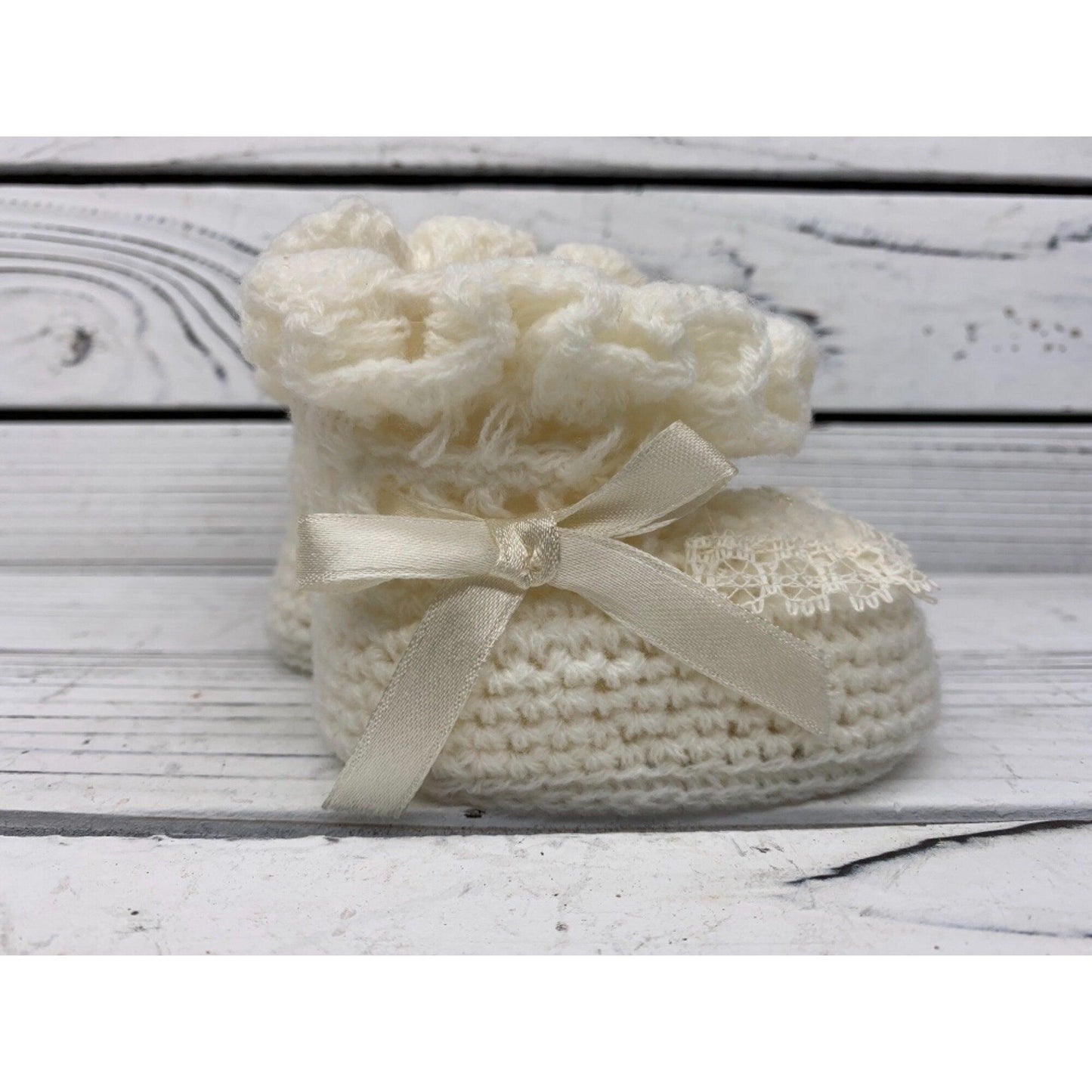 Vintage Baby Booties, Cream Knitted Fancy Cloth Shoes For Infants -Located at Funkyhouse Vintage Antique Store, Weiser Idaho