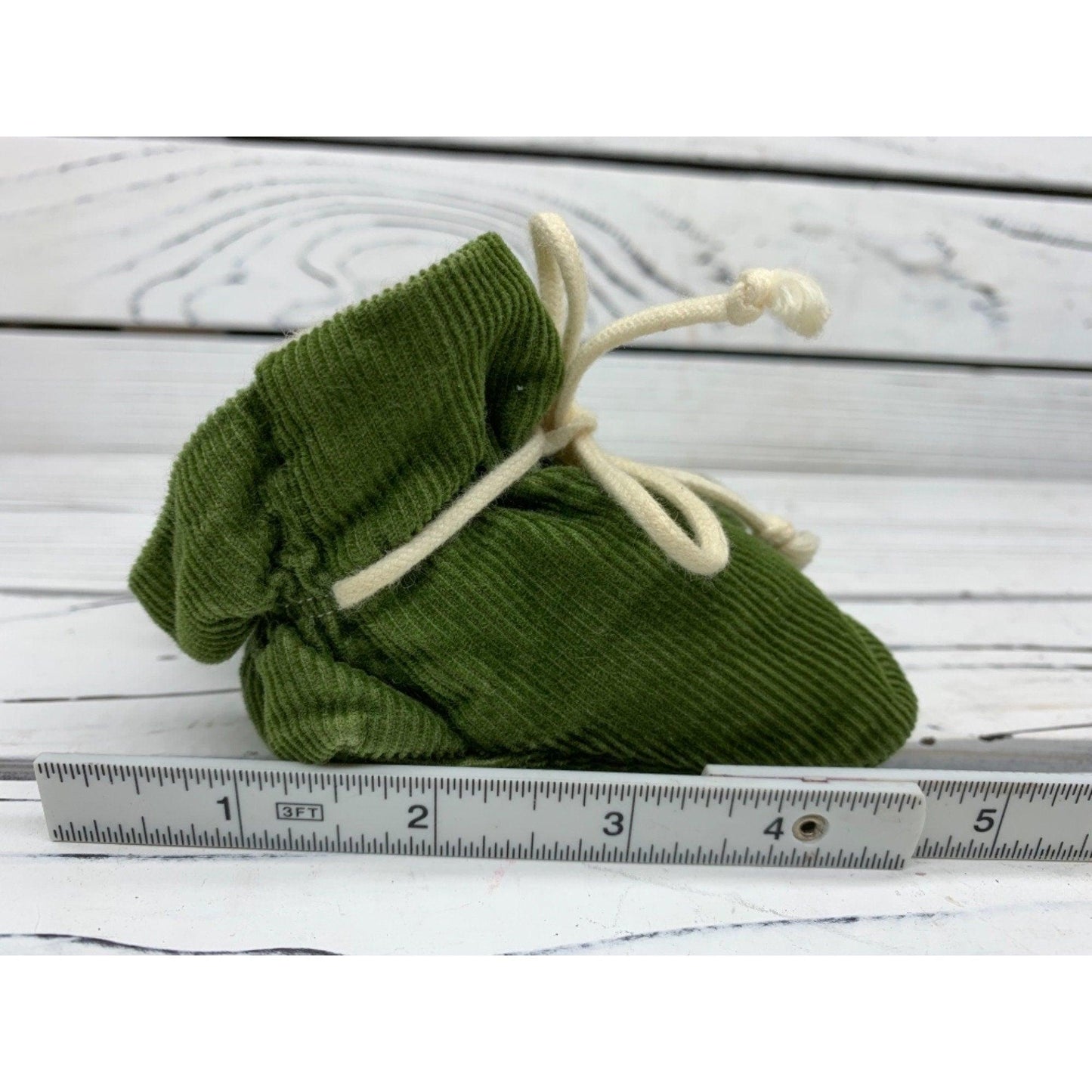 Vintage Baby Booties, Green And Cream Corduroy Booties By T.V. Booties, Made In The USA -Located at Funkyhouse Vintage Antique Store, Weiser Idaho