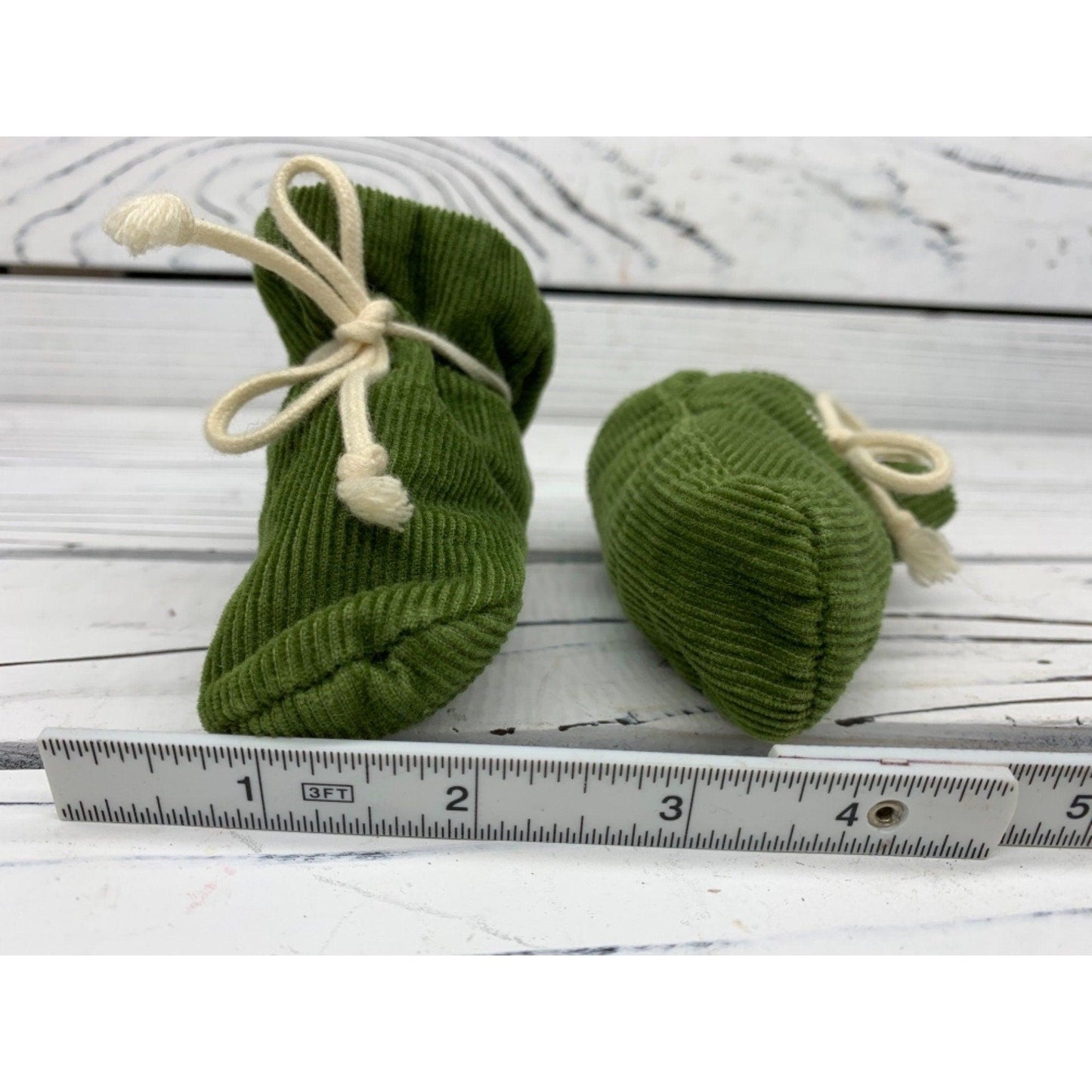 Vintage Baby Booties, Green And Cream Corduroy Booties By T.V. Booties, Made In The USA -Located at Funkyhouse Vintage Antique Store, Weiser Idaho