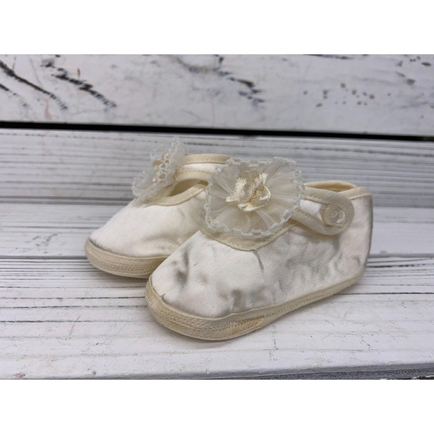 Vintage Baby Booties Silky Material, Fancy Cream Shoes For Infants, Mary Jane Style With A Flower -Located at Funkyhouse Vintage Antique Store, Weiser Idaho
