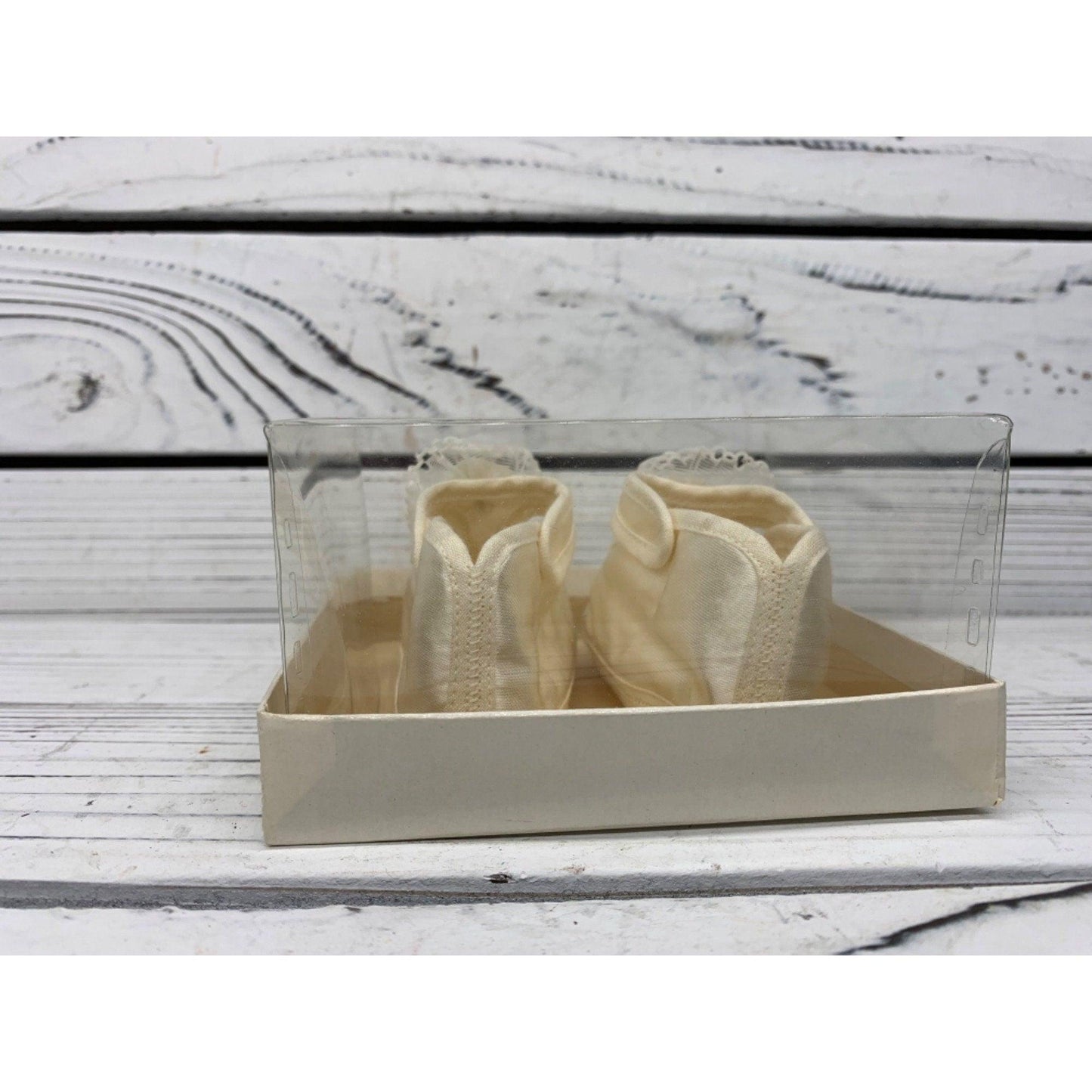 Vintage Baby Booties Silky Material, Fancy Cream Shoes For Infants, Mary Jane Style With A Flower -Located at Funkyhouse Vintage Antique Store, Weiser Idaho