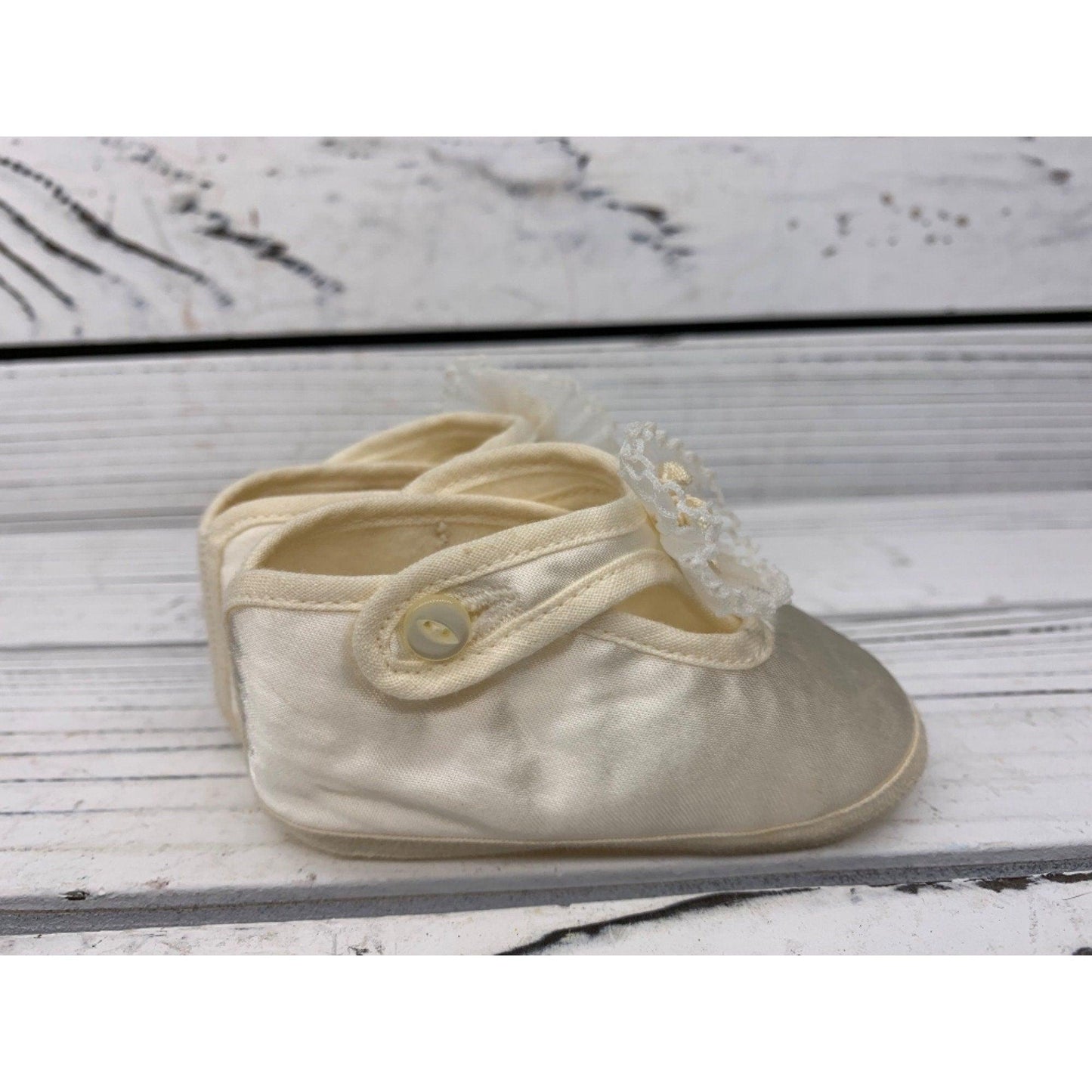 Vintage Baby Booties Silky Material, Fancy Cream Shoes For Infants, Mary Jane Style With A Flower -Located at Funkyhouse Vintage Antique Store, Weiser Idaho