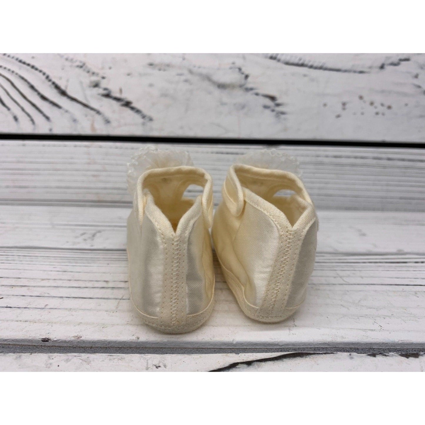 Vintage Baby Booties Silky Material, Fancy Cream Shoes For Infants, Mary Jane Style With A Flower -Located at Funkyhouse Vintage Antique Store, Weiser Idaho