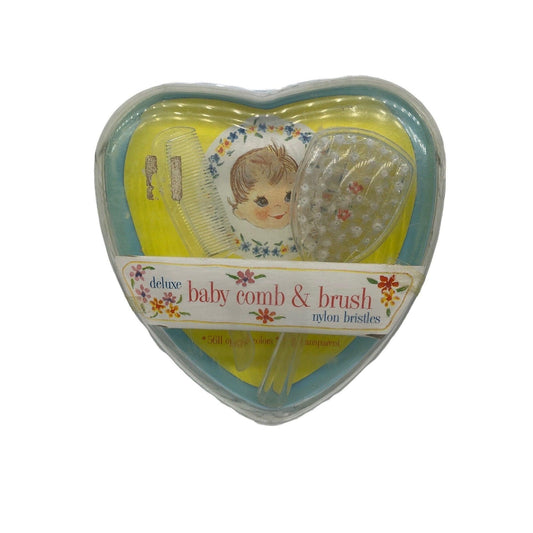 Vintage Baby Brush And Comb Set, Blue Heart Shaped Deluxe Grooming Kit For Infants, 1950s Babies -Located at Funkyhouse Vintage Antique Store, Weiser Idaho