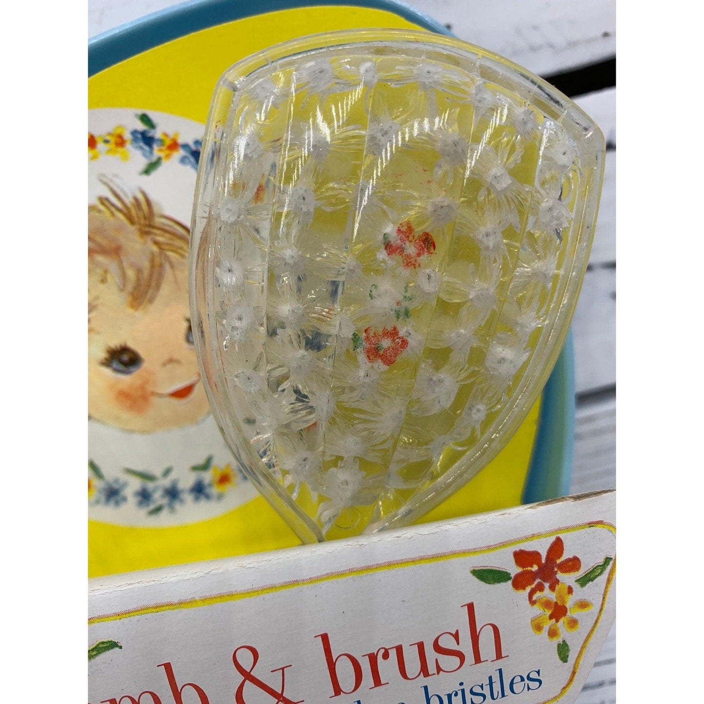 Vintage Baby Brush And Comb Set, Blue Heart Shaped Deluxe Grooming Kit For Infants, 1950s Babies -Located at Funkyhouse Vintage Antique Store, Weiser Idaho