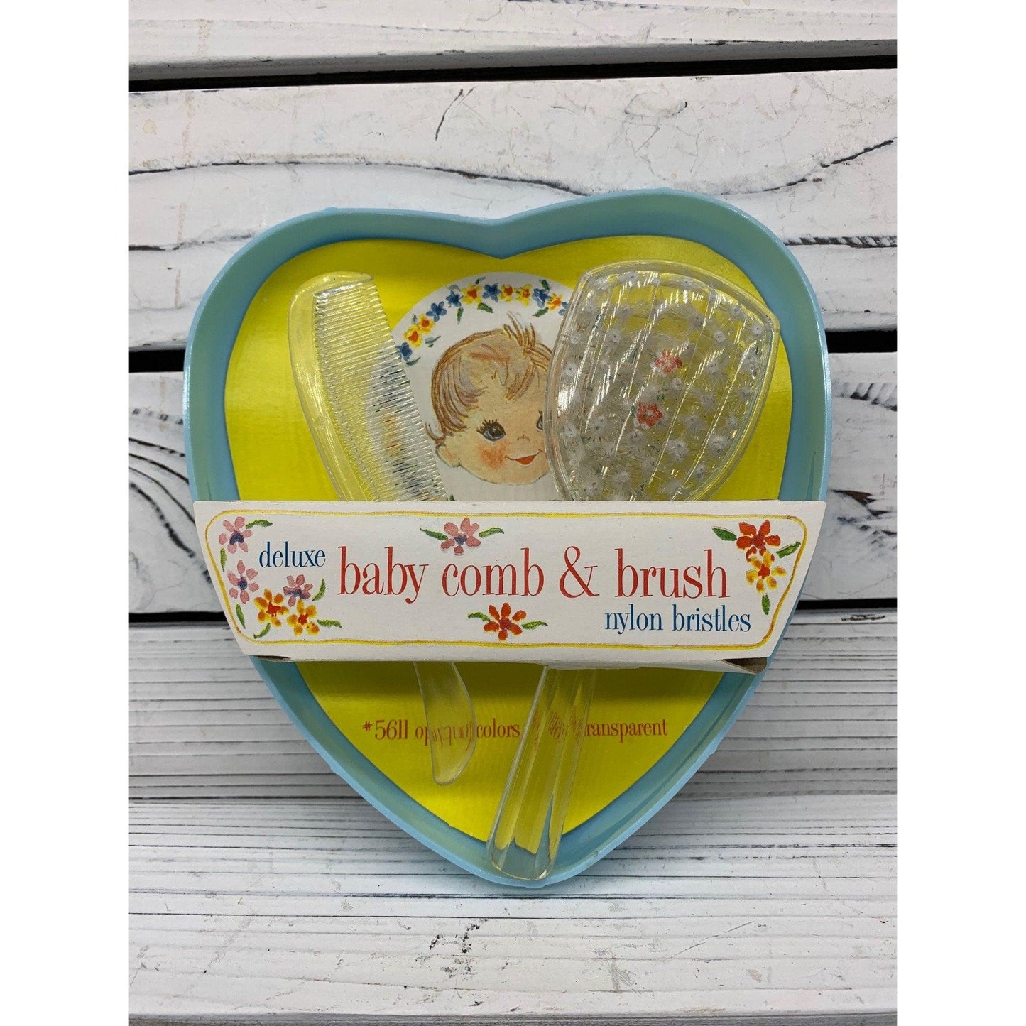 Vintage Baby Brush And Comb Set, Blue Heart Shaped Deluxe Grooming Kit For Infants, 1950s Babies -Located at Funkyhouse Vintage Antique Store, Weiser Idaho