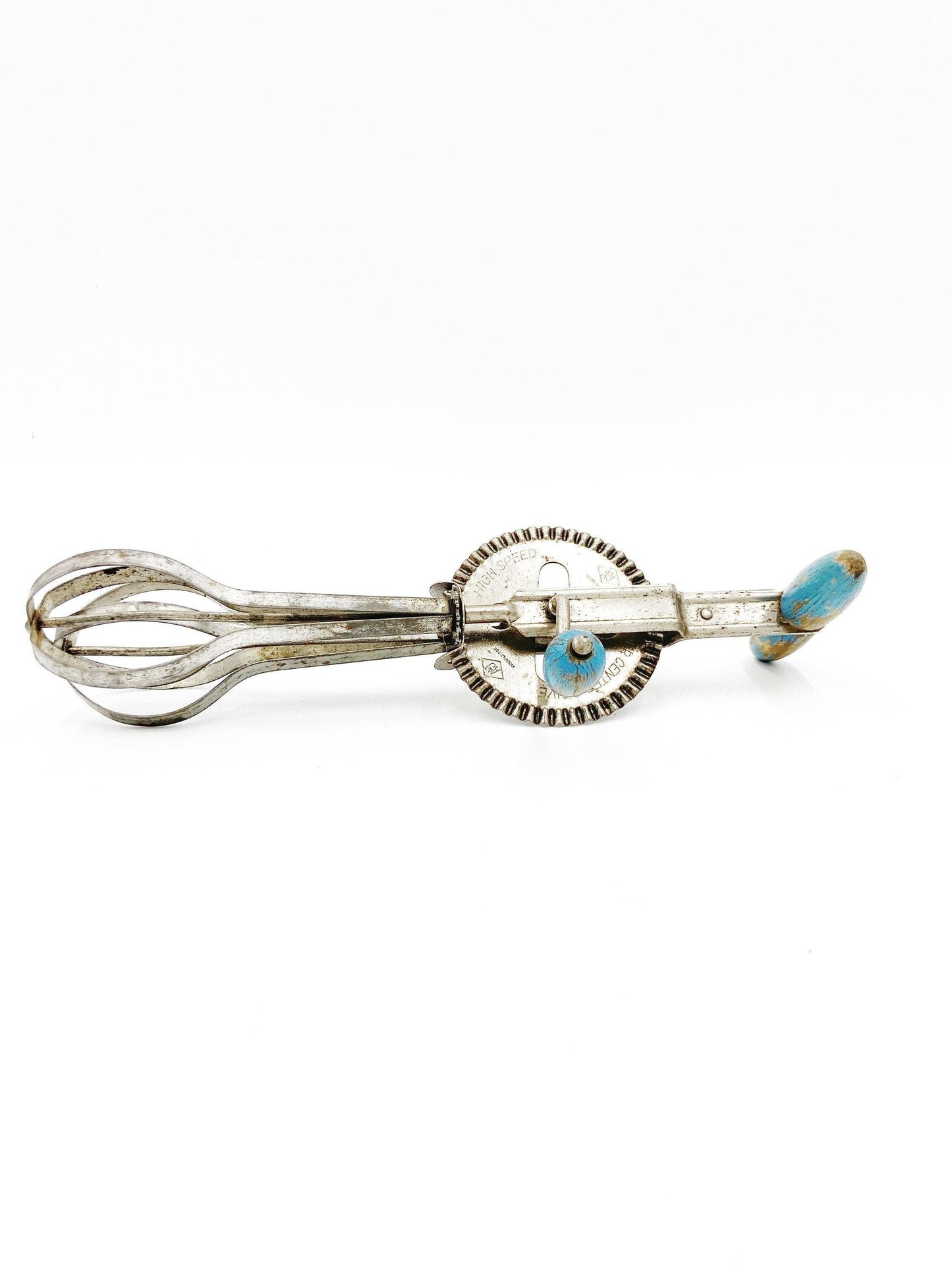 Vintage Blue Egg Beater With Wood Handle, Double Whirl Scrambler, 1950s MCM Mid Century Modern Retro Kitchen Decor -Located at Funkyhouse Vintage Antique Store, Weiser Idaho