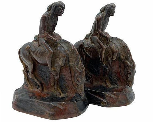 Vintage Bookends, Searching American Indian on Horseback by NYC Born Sculptor John Ruhl -Located at Funkyhouse Vintage Antique Store, Weiser Idaho