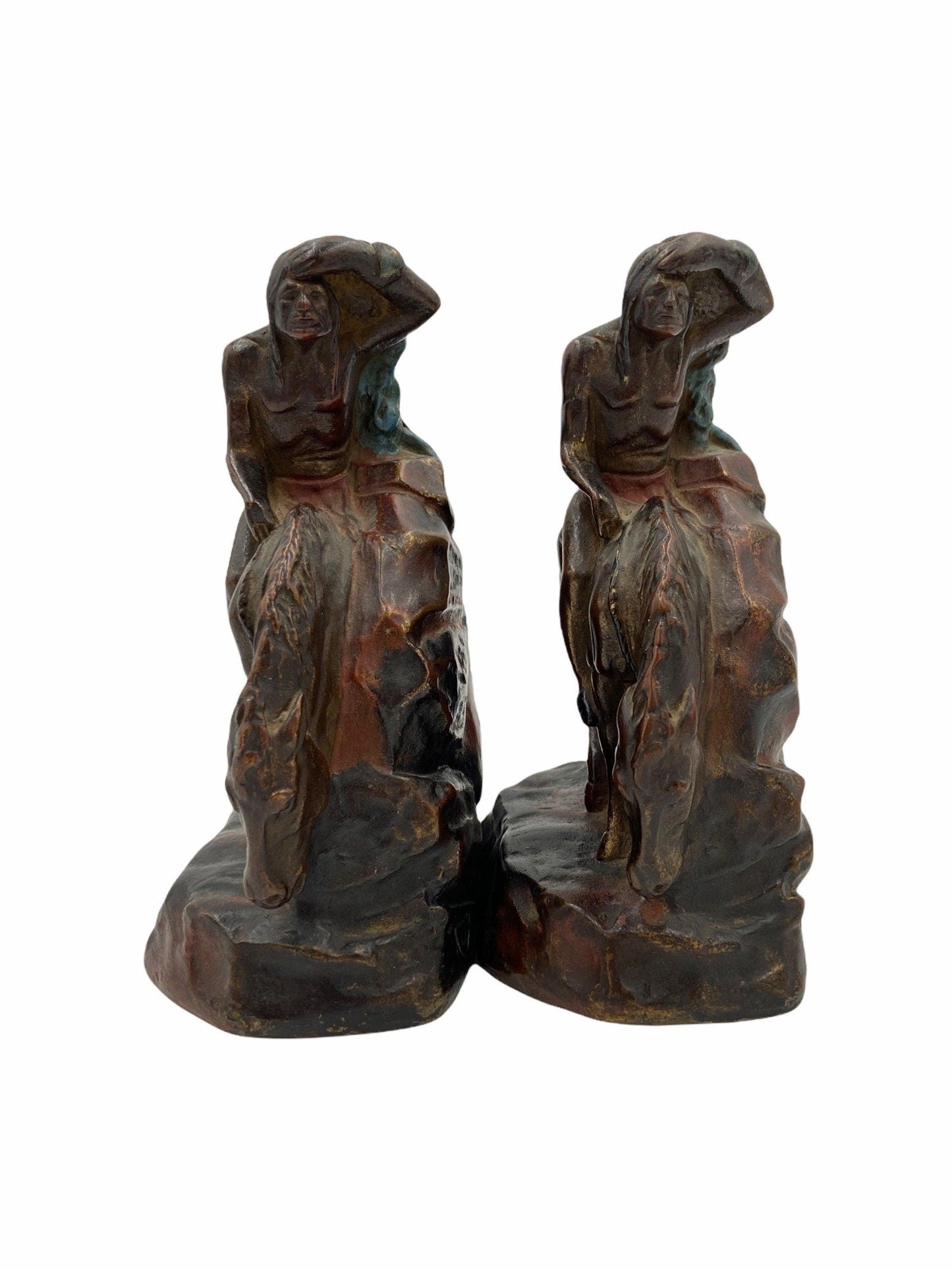 Vintage Bookends, Searching American Indian on Horseback by NYC Born Sculptor John Ruhl -Located at Funkyhouse Vintage Antique Store, Weiser Idaho