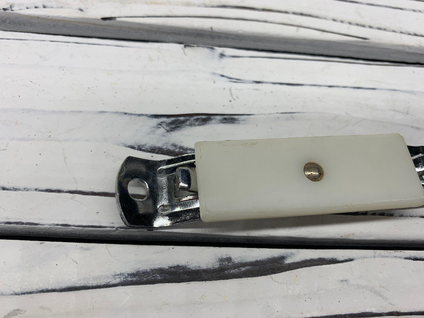 Vintage Bottle Opener Magnet, White Metal Can Opener, Vintage Utensils, 1950s Retro Kitchen -Located at Funkyhouse Vintage Antique Store, Weiser Idaho