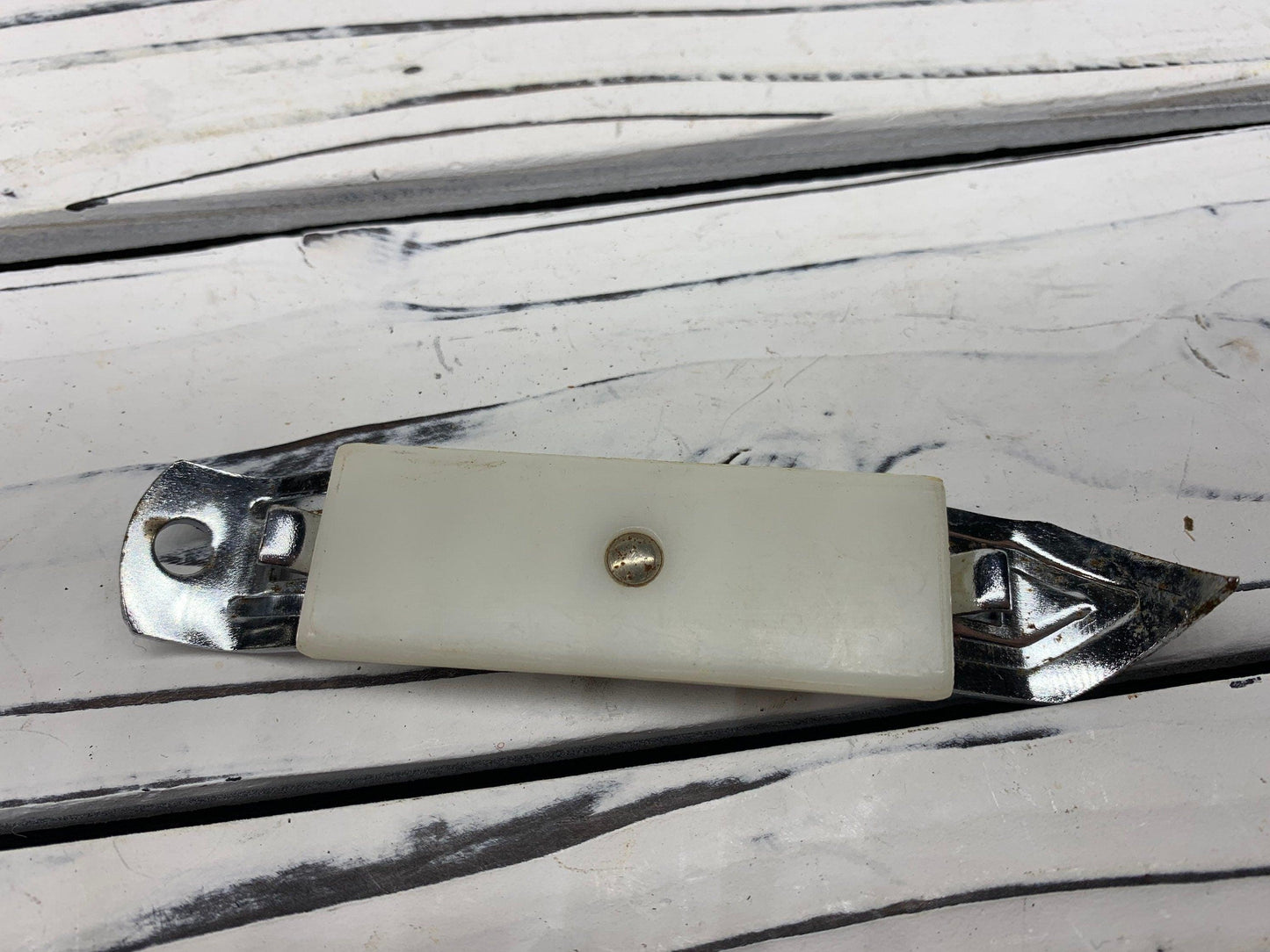 Vintage Bottle Opener Magnet, White Metal Can Opener, Vintage Utensils, 1950s Retro Kitchen -Located at Funkyhouse Vintage Antique Store, Weiser Idaho