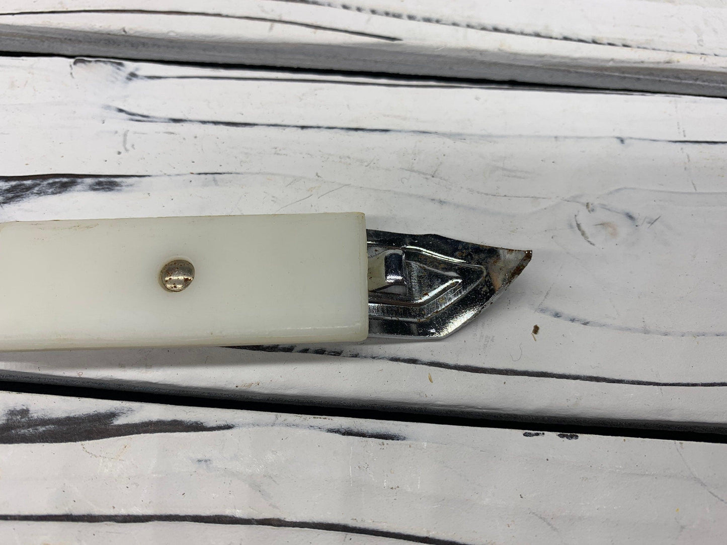 Vintage Bottle Opener Magnet, White Metal Can Opener, Vintage Utensils, 1950s Retro Kitchen -Located at Funkyhouse Vintage Antique Store, Weiser Idaho