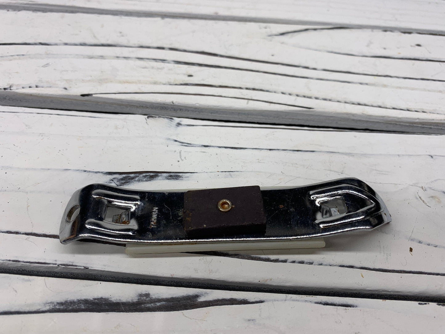 Vintage Bottle Opener Magnet, White Metal Can Opener, Vintage Utensils, 1950s Retro Kitchen -Located at Funkyhouse Vintage Antique Store, Weiser Idaho