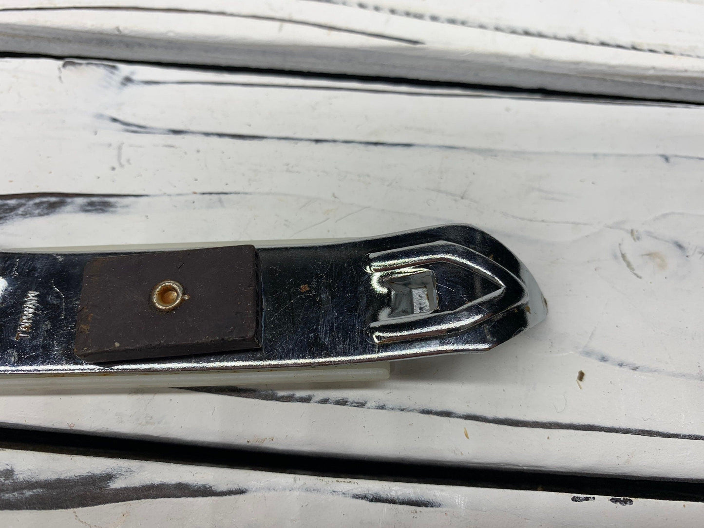 Vintage Bottle Opener Magnet, White Metal Can Opener, Vintage Utensils, 1950s Retro Kitchen -Located at Funkyhouse Vintage Antique Store, Weiser Idaho