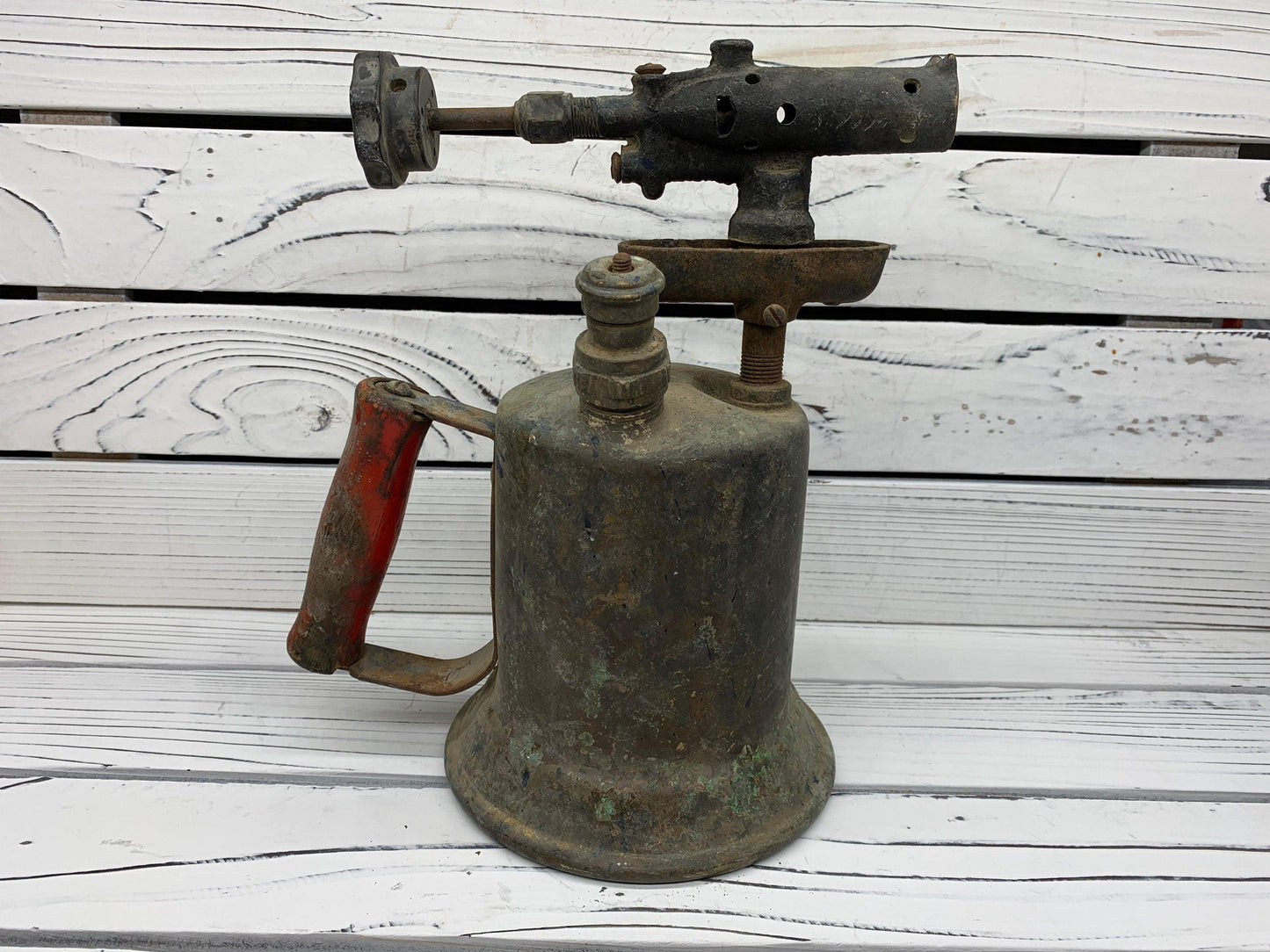 Vintage Brass Blow Torch, Antique Blowtorch with Red Handle, Industrial Dark Academia Decor, Man Cave or Garage -Located at Funkyhouse Vintage Antique Store, Weiser Idaho