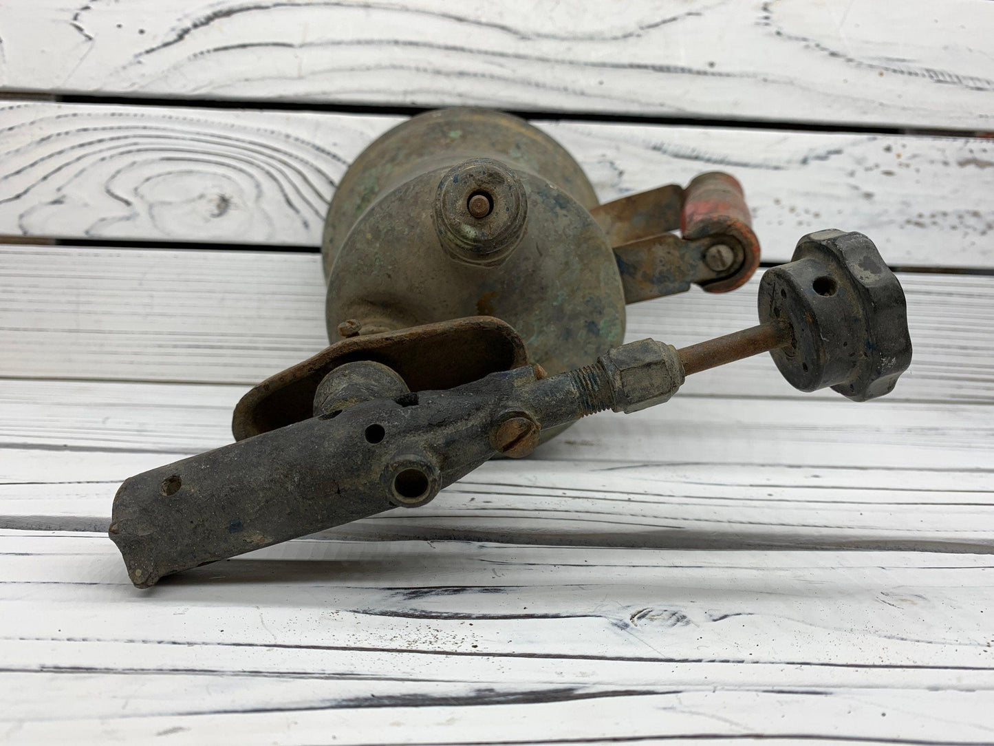 Vintage Brass Blow Torch, Antique Blowtorch with Red Handle, Industrial Dark Academia Decor, Man Cave or Garage -Located at Funkyhouse Vintage Antique Store, Weiser Idaho