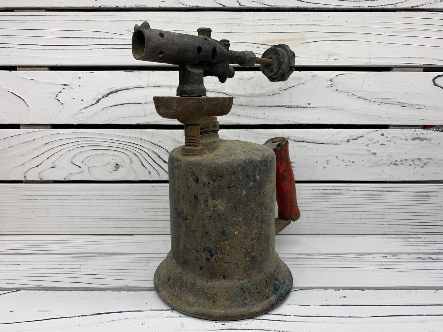 Vintage Brass Blow Torch, Antique Blowtorch with Red Handle, Industrial Dark Academia Decor, Man Cave or Garage -Located at Funkyhouse Vintage Antique Store, Weiser Idaho
