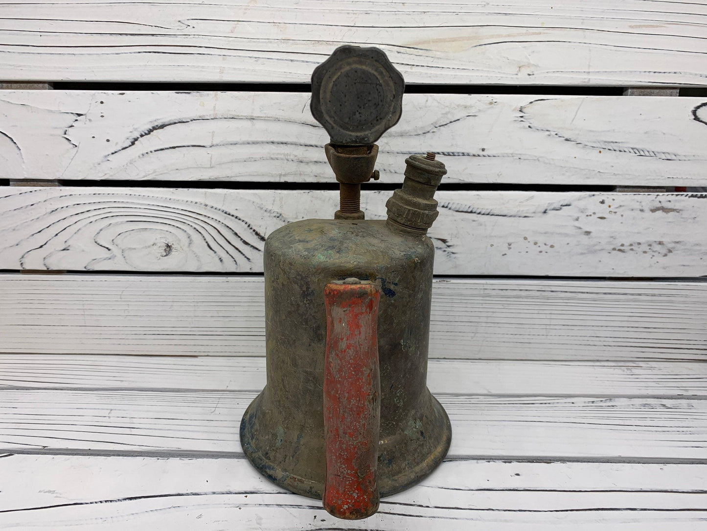 Vintage Brass Blow Torch, Antique Blowtorch with Red Handle, Industrial Dark Academia Decor, Man Cave or Garage -Located at Funkyhouse Vintage Antique Store, Weiser Idaho