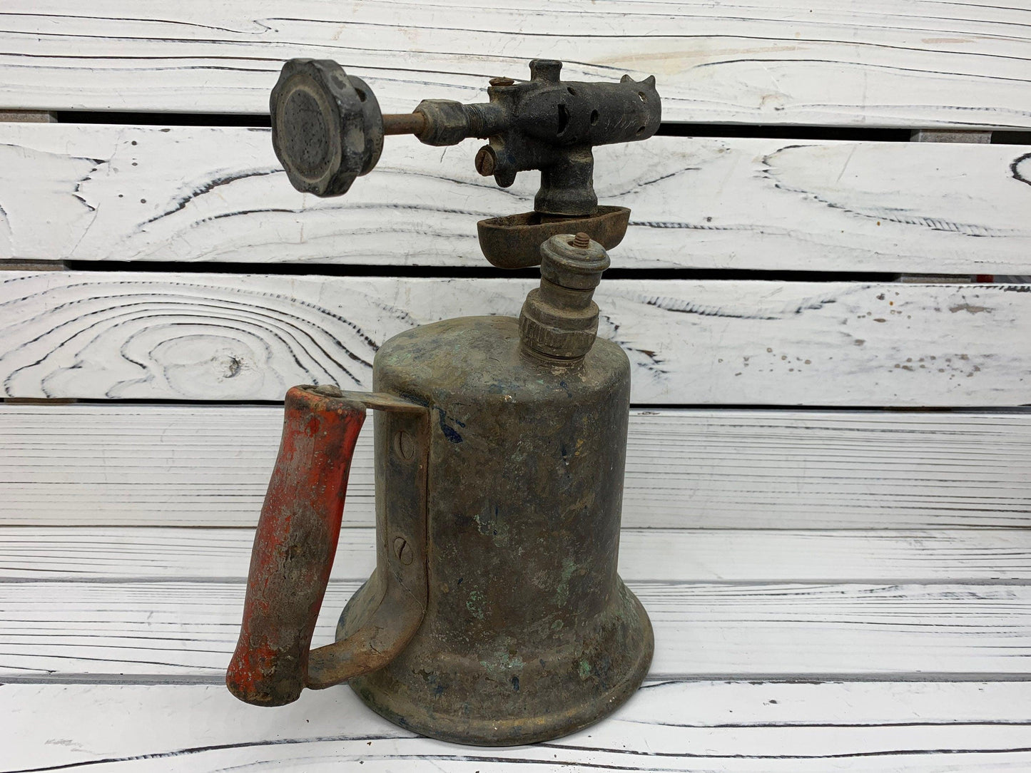 Vintage Brass Blow Torch, Antique Blowtorch with Red Handle, Industrial Dark Academia Decor, Man Cave or Garage -Located at Funkyhouse Vintage Antique Store, Weiser Idaho