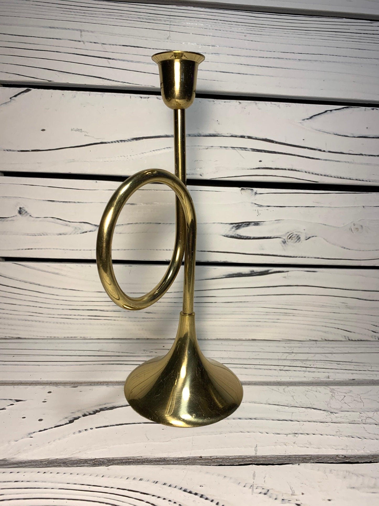 Vintage Brass Horn Candlestick, Solid Brass Candle Holder by Hosley, Wedding and Farmhouse Decor -Located at Funkyhouse Vintage Antique Store, Weiser Idaho