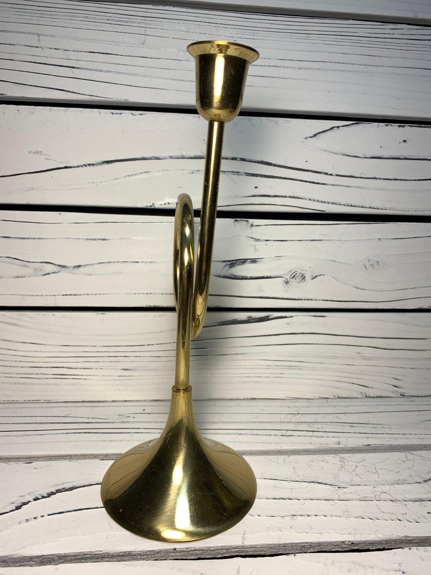 Vintage Brass Horn Candlestick, Solid Brass Candle Holder by Hosley, Wedding and Farmhouse Decor -Located at Funkyhouse Vintage Antique Store, Weiser Idaho