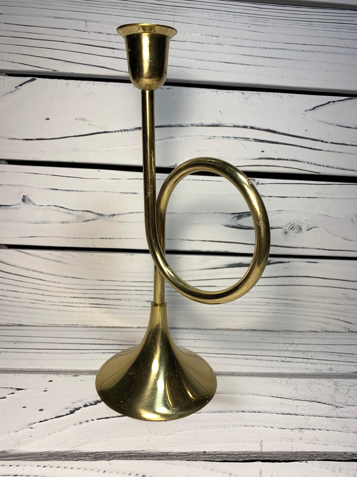Vintage Brass Horn Candlestick, Solid Brass Candle Holder by Hosley, Wedding and Farmhouse Decor -Located at Funkyhouse Vintage Antique Store, Weiser Idaho