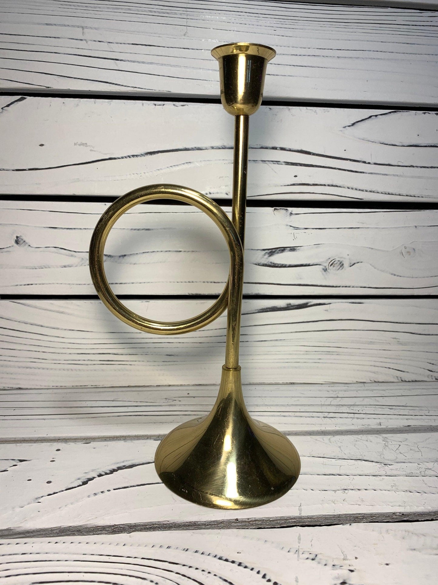 Vintage Brass Horn Candlestick, Solid Brass Candle Holder by Hosley, Wedding and Farmhouse Decor -Located at Funkyhouse Vintage Antique Store, Weiser Idaho