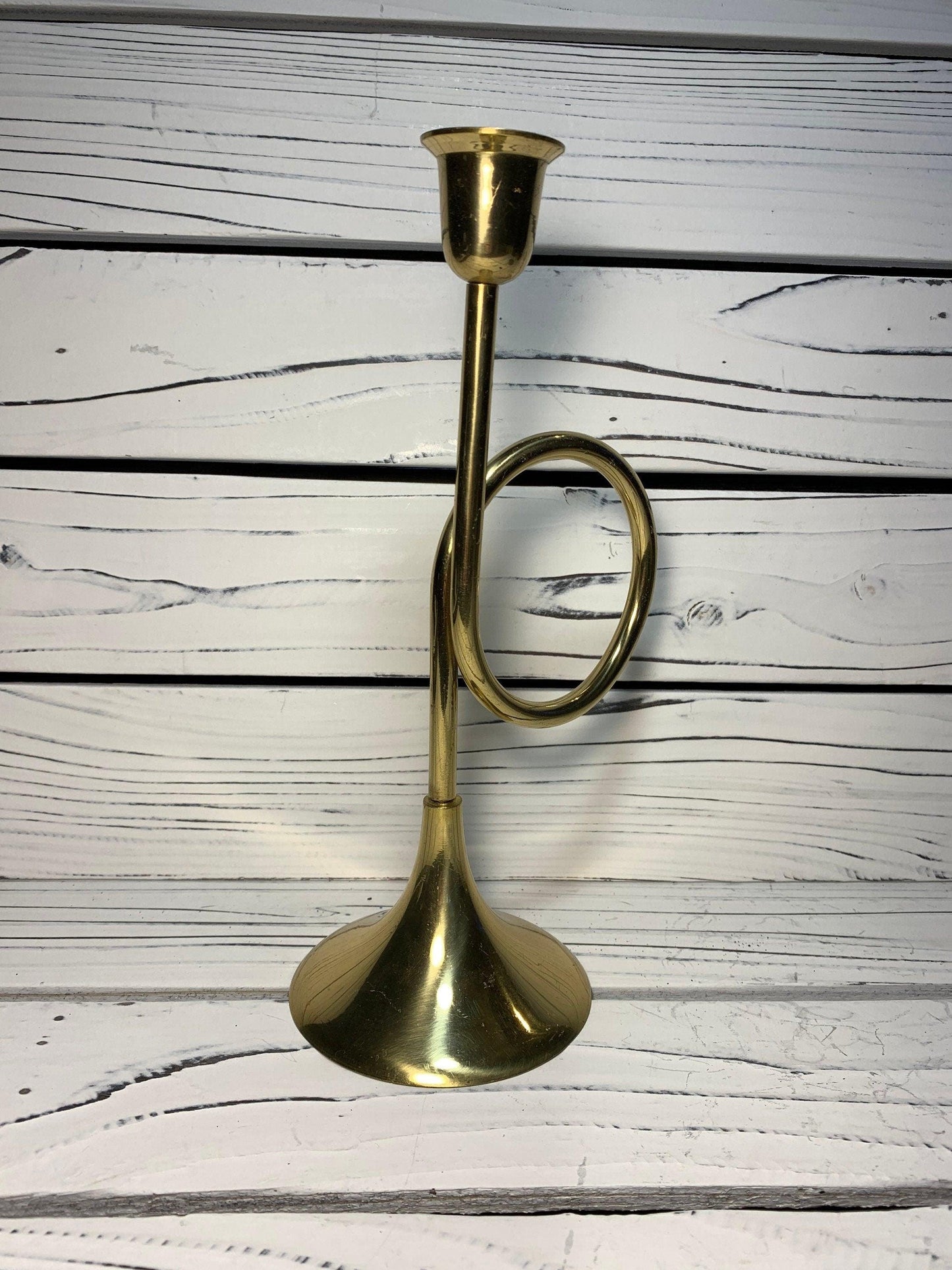 Vintage Brass Horn Candlestick, Solid Brass Candle Holder by Hosley, Wedding and Farmhouse Decor -Located at Funkyhouse Vintage Antique Store, Weiser Idaho