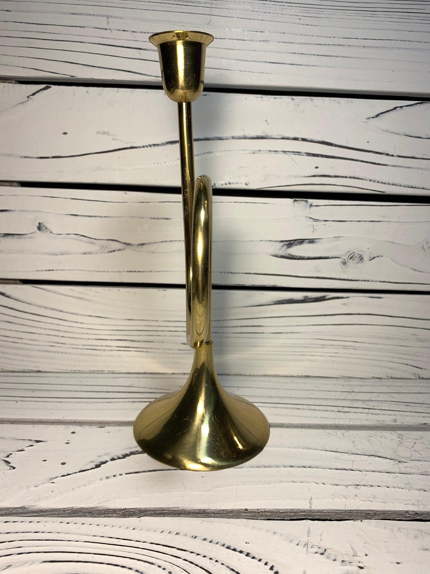 Vintage Brass Horn Candlestick, Solid Brass Candle Holder by Hosley, Wedding and Farmhouse Decor -Located at Funkyhouse Vintage Antique Store, Weiser Idaho