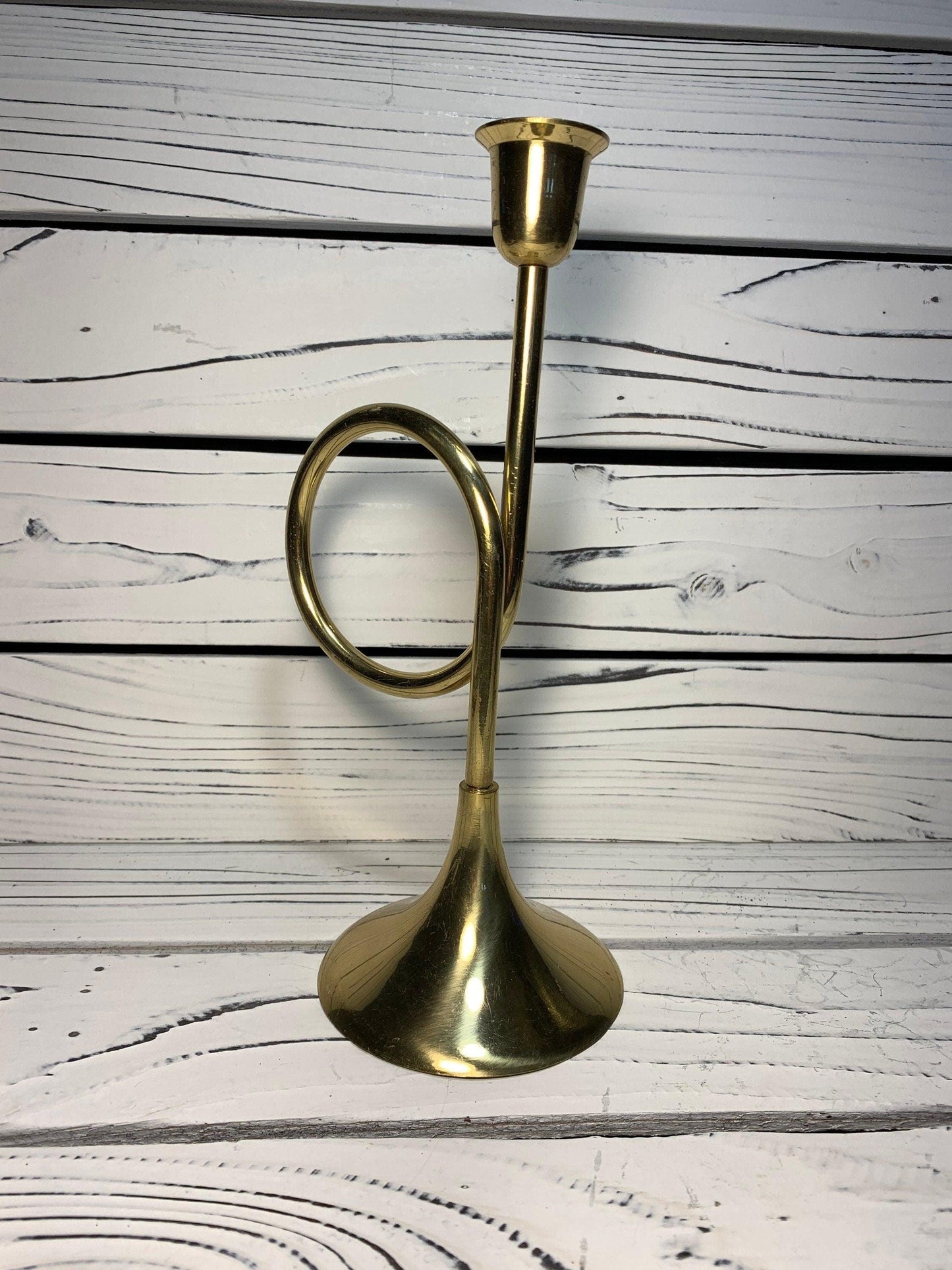 Vintage Brass Horn Candlestick, Solid Brass Candle Holder by Hosley, Wedding and Farmhouse Decor -Located at Funkyhouse Vintage Antique Store, Weiser Idaho