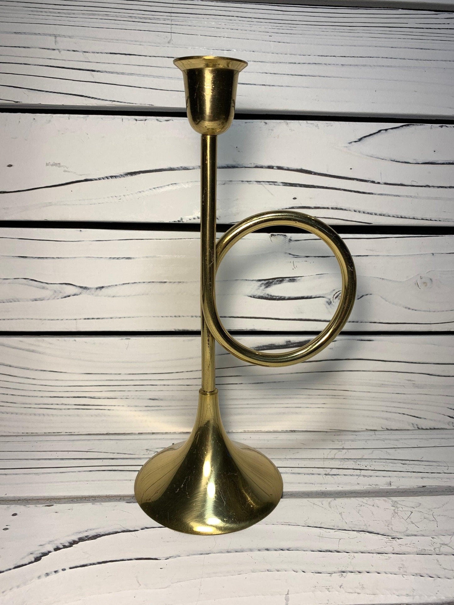 Vintage Brass Horn Candlestick, Solid Brass Candle Holder by Hosley, Wedding and Farmhouse Decor -Located at Funkyhouse Vintage Antique Store, Weiser Idaho
