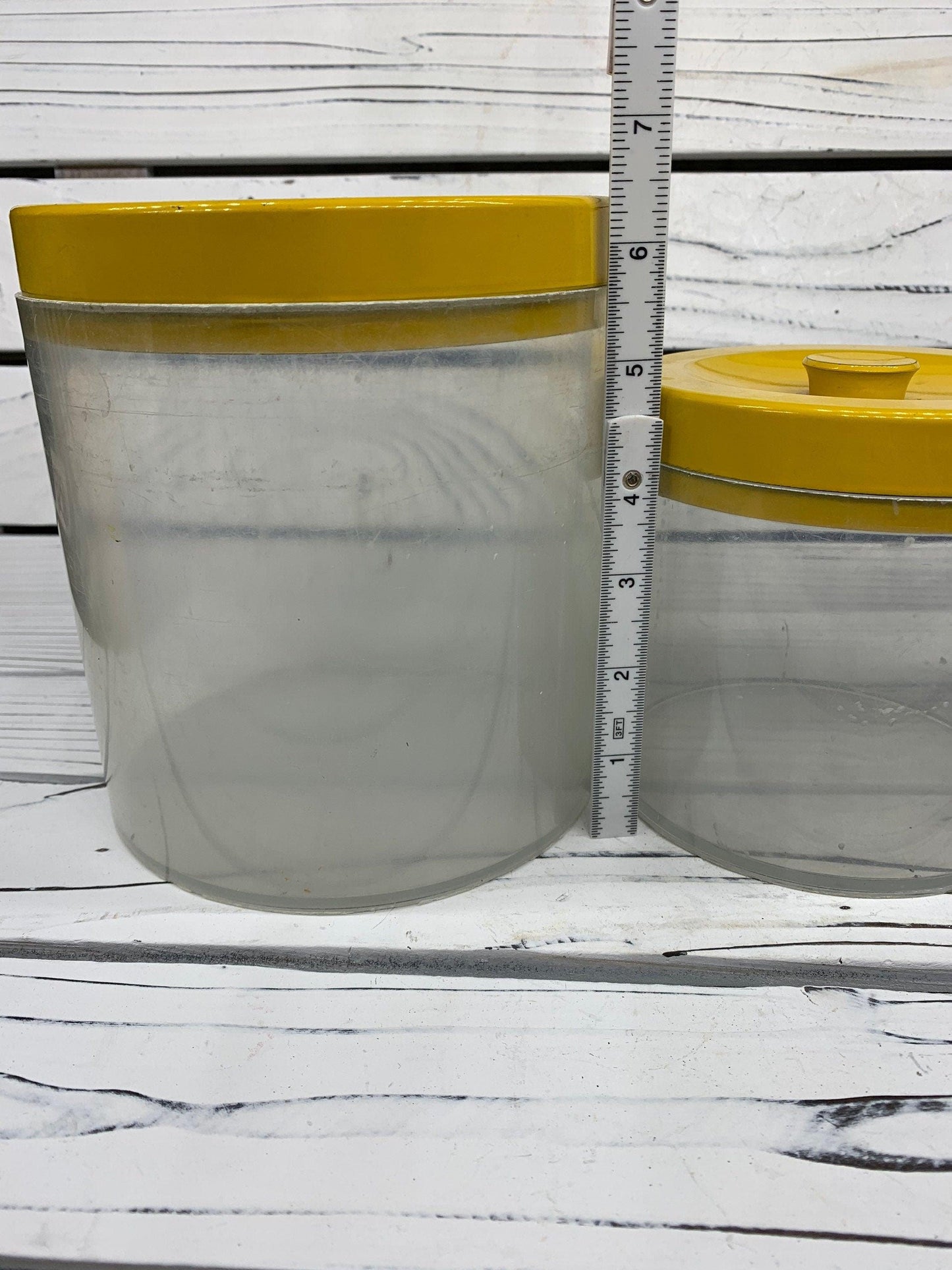 Vintage Canister Set, Set of 3 Clear Plastic Storage Containers With Metal Yellow Lids, 1950s Retro Kitchen -Located at Funkyhouse Vintage Antique Store, Weiser Idaho