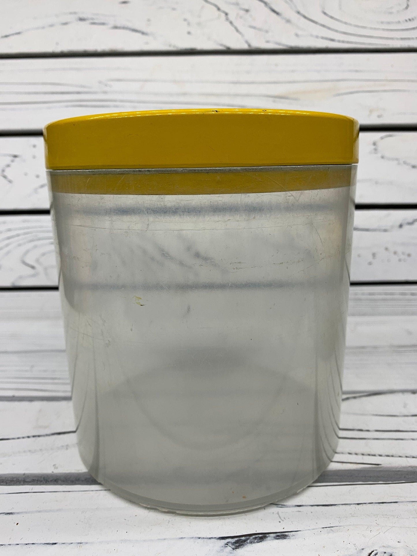 Vintage Canister Set, Set of 3 Clear Plastic Storage Containers With Metal Yellow Lids, 1950s Retro Kitchen -Located at Funkyhouse Vintage Antique Store, Weiser Idaho