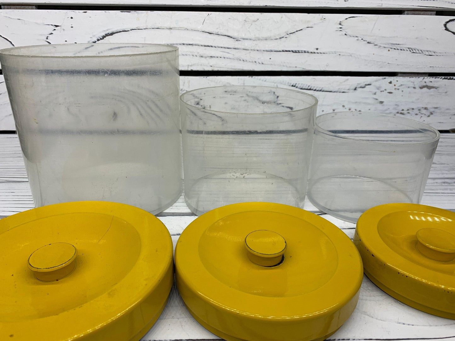 Vintage Canister Set, Set of 3 Clear Plastic Storage Containers With Metal Yellow Lids, 1950s Retro Kitchen -Located at Funkyhouse Vintage Antique Store, Weiser Idaho
