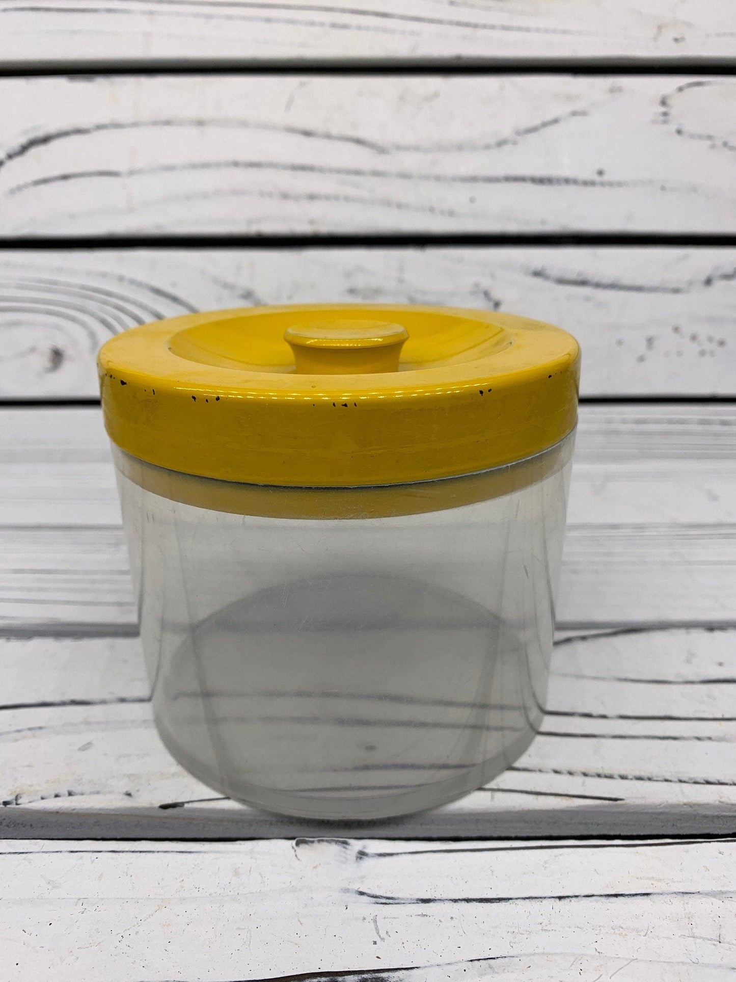 Vintage Canister Set, Set of 3 Clear Plastic Storage Containers With Metal Yellow Lids, 1950s Retro Kitchen -Located at Funkyhouse Vintage Antique Store, Weiser Idaho