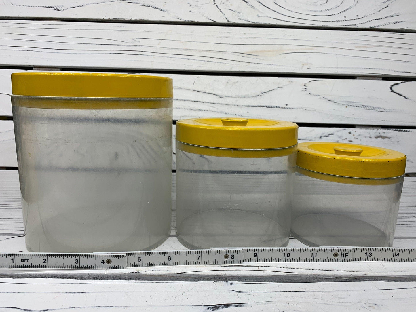 Vintage Canister Set, Set of 3 Clear Plastic Storage Containers With Metal Yellow Lids, 1950s Retro Kitchen -Located at Funkyhouse Vintage Antique Store, Weiser Idaho