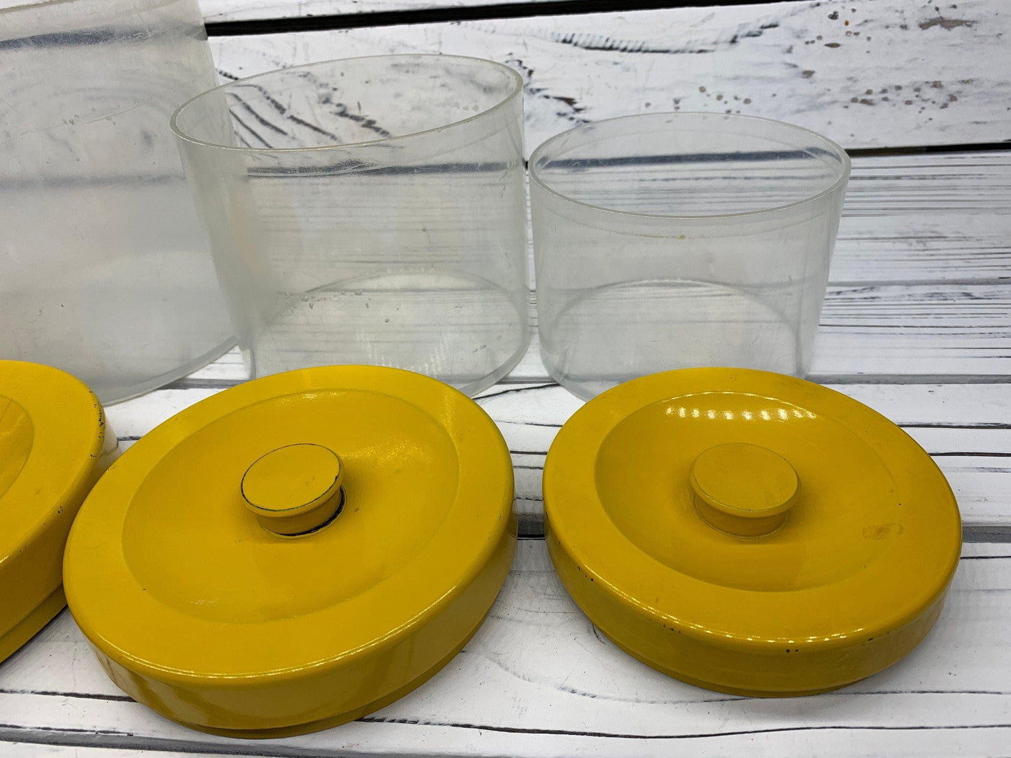 Vintage Canister Set, Set of 3 Clear Plastic Storage Containers With Metal Yellow Lids, 1950s Retro Kitchen -Located at Funkyhouse Vintage Antique Store, Weiser Idaho