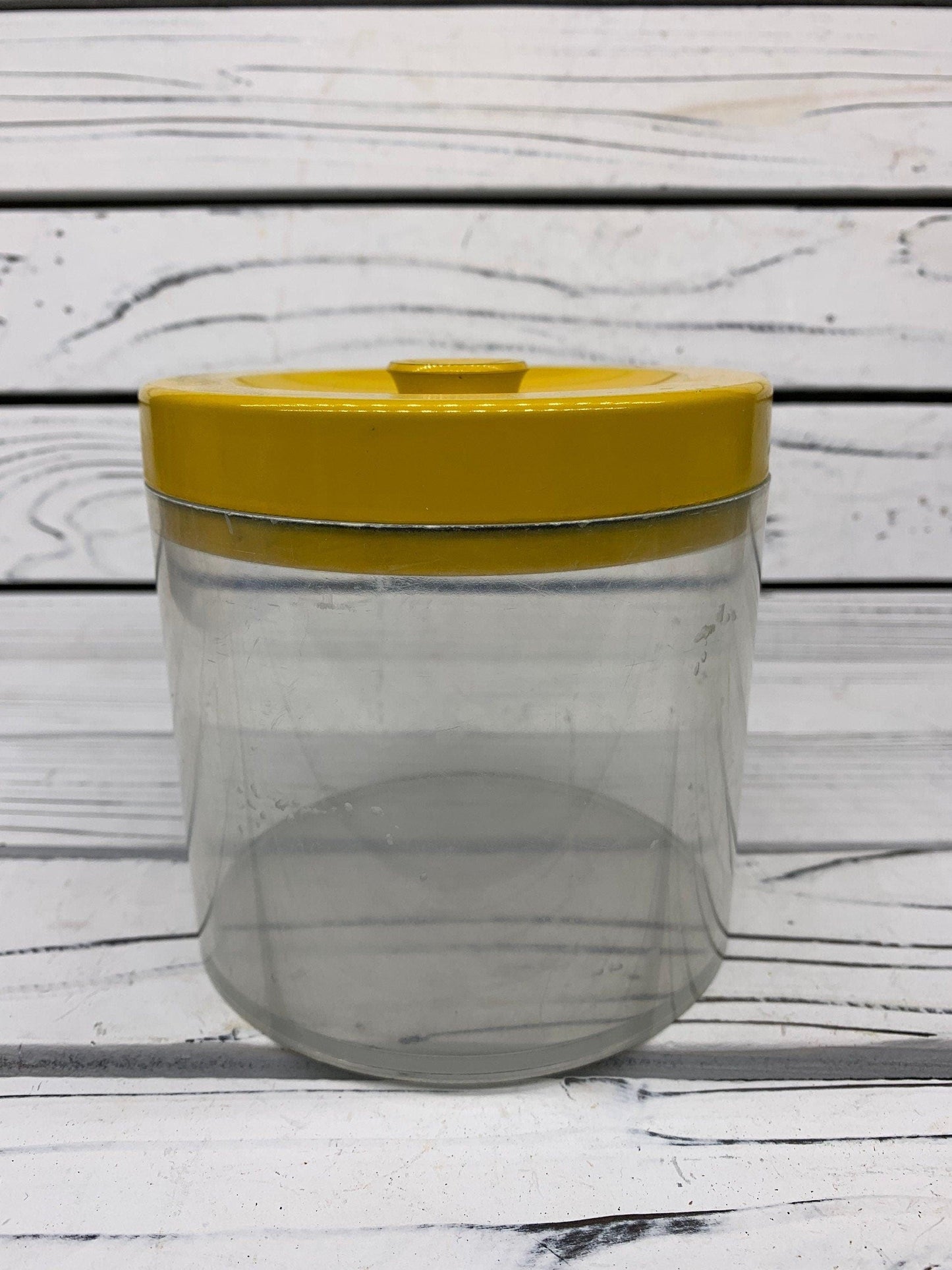 Vintage Canister Set, Set of 3 Clear Plastic Storage Containers With Metal Yellow Lids, 1950s Retro Kitchen -Located at Funkyhouse Vintage Antique Store, Weiser Idaho