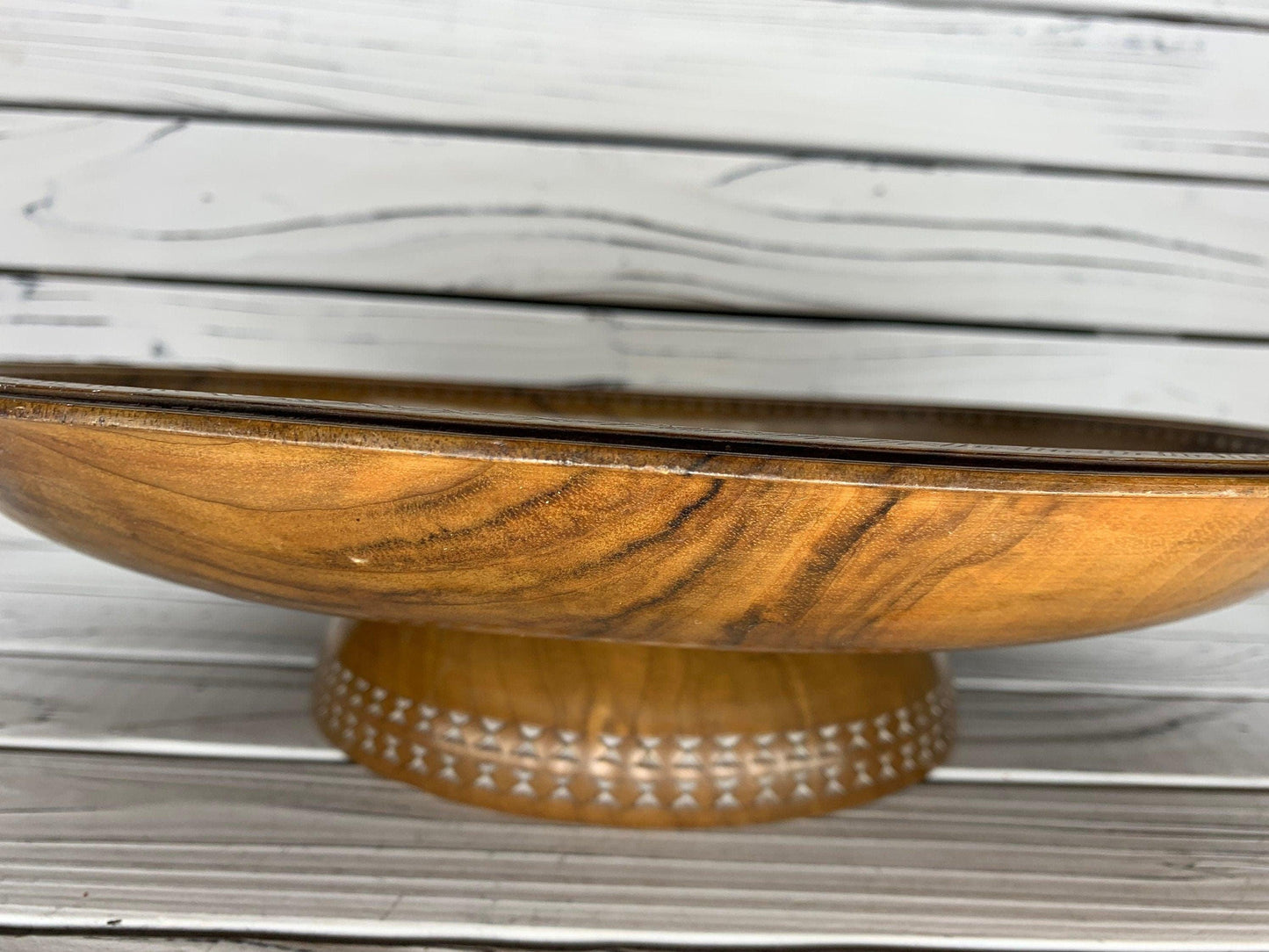 Vintage Carved Wood Serving Platter With Pedestal, Raised Hand Carved Wooden Plate -Located at Funkyhouse Vintage Antique Store, Weiser Idaho