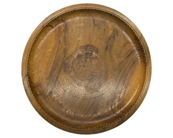 Vintage Carved Wood Serving Platter With Pedestal, Raised Hand Carved Wooden Plate -Located at Funkyhouse Vintage Antique Store, Weiser Idaho
