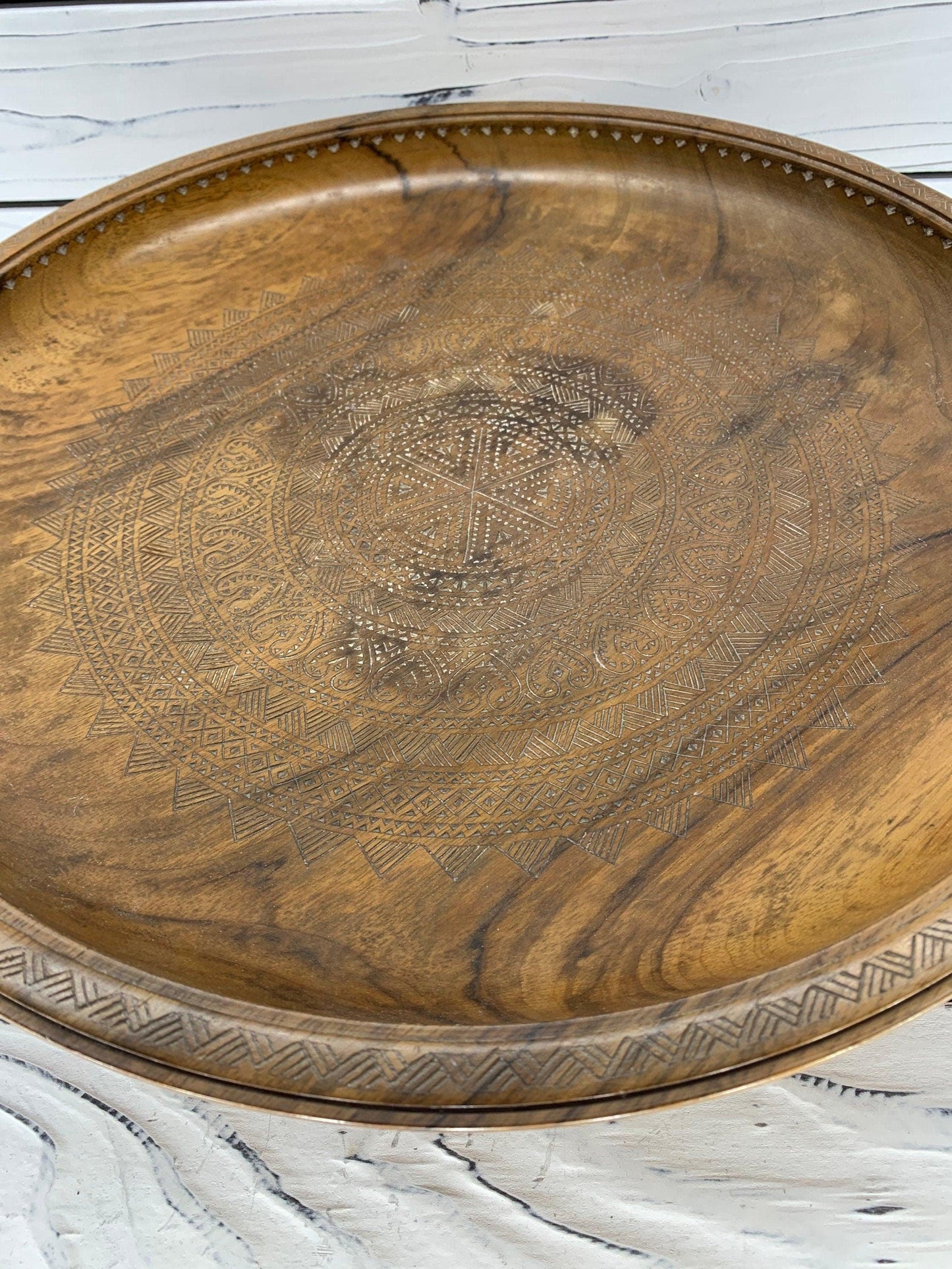 Vintage Carved Wood Serving Platter With Pedestal, Raised Hand Carved Wooden Plate -Located at Funkyhouse Vintage Antique Store, Weiser Idaho