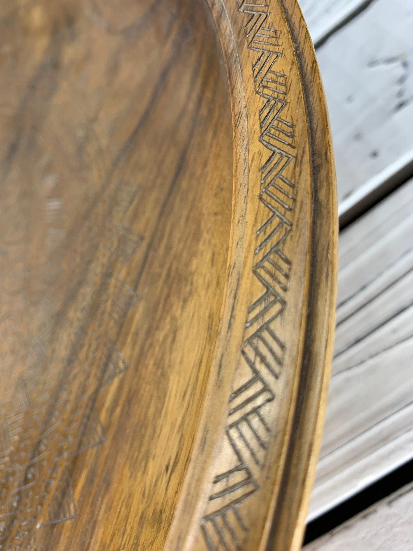 Vintage Carved Wood Serving Platter With Pedestal, Raised Hand Carved Wooden Plate -Located at Funkyhouse Vintage Antique Store, Weiser Idaho