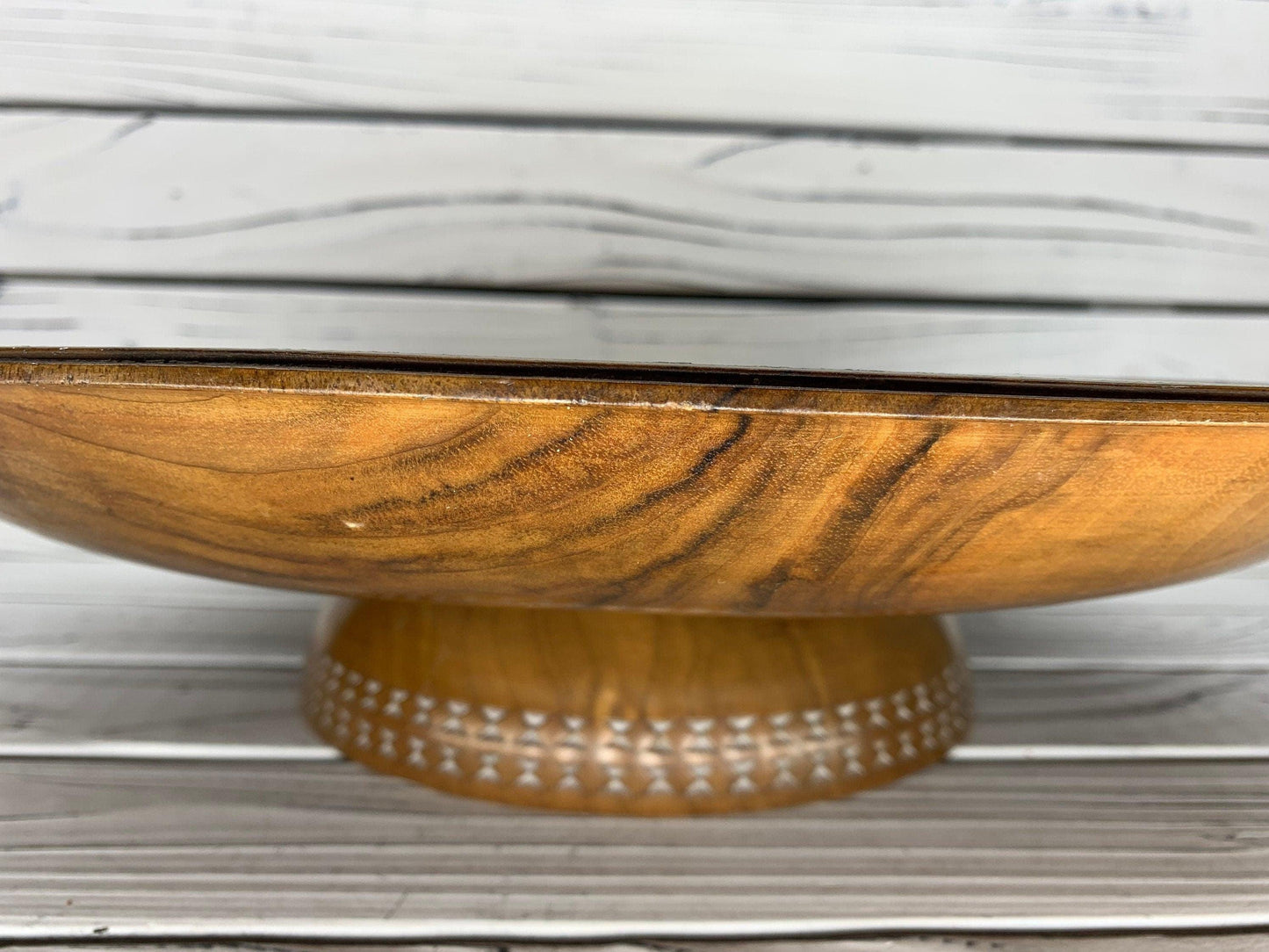 Vintage Carved Wood Serving Platter With Pedestal, Raised Hand Carved Wooden Plate -Located at Funkyhouse Vintage Antique Store, Weiser Idaho