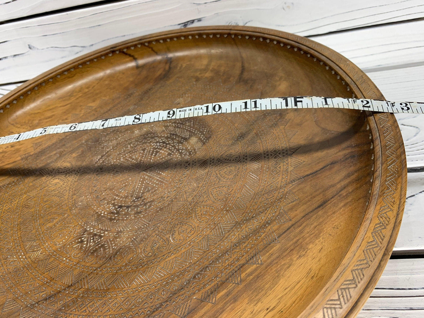 Vintage Carved Wood Serving Platter With Pedestal, Raised Hand Carved Wooden Plate -Located at Funkyhouse Vintage Antique Store, Weiser Idaho