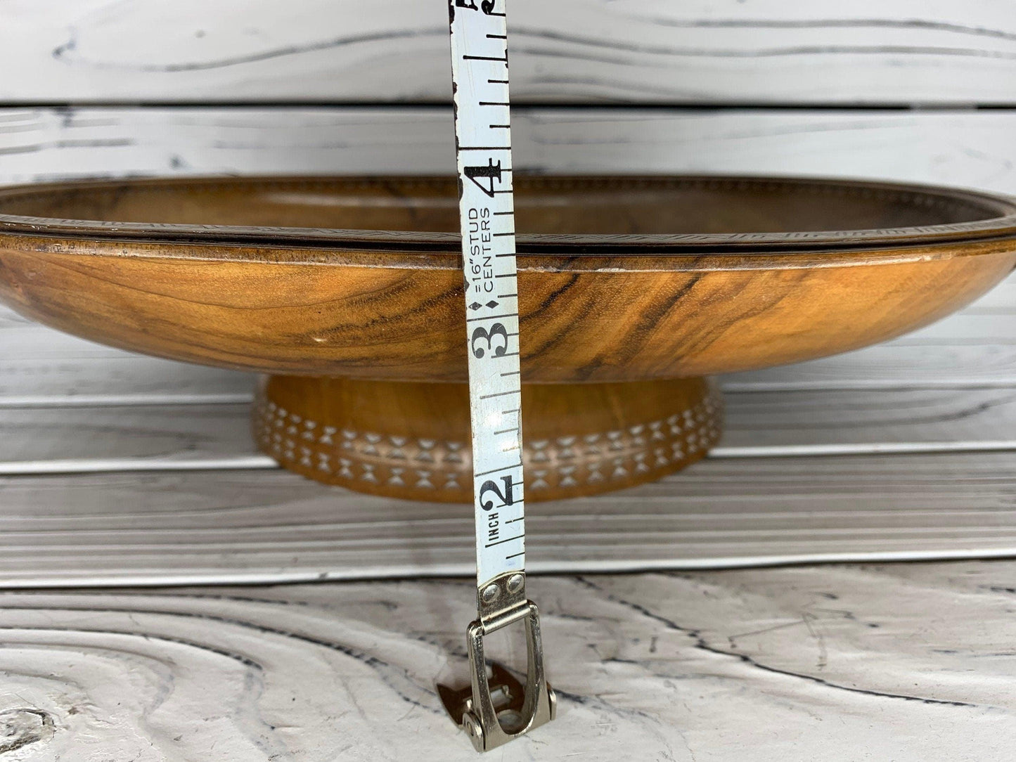 Vintage Carved Wood Serving Platter With Pedestal, Raised Hand Carved Wooden Plate -Located at Funkyhouse Vintage Antique Store, Weiser Idaho