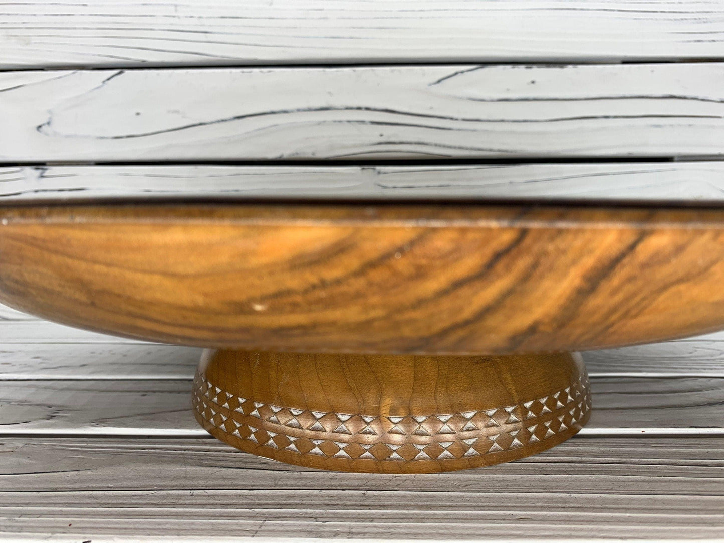 Vintage Carved Wood Serving Platter With Pedestal, Raised Hand Carved Wooden Plate -Located at Funkyhouse Vintage Antique Store, Weiser Idaho