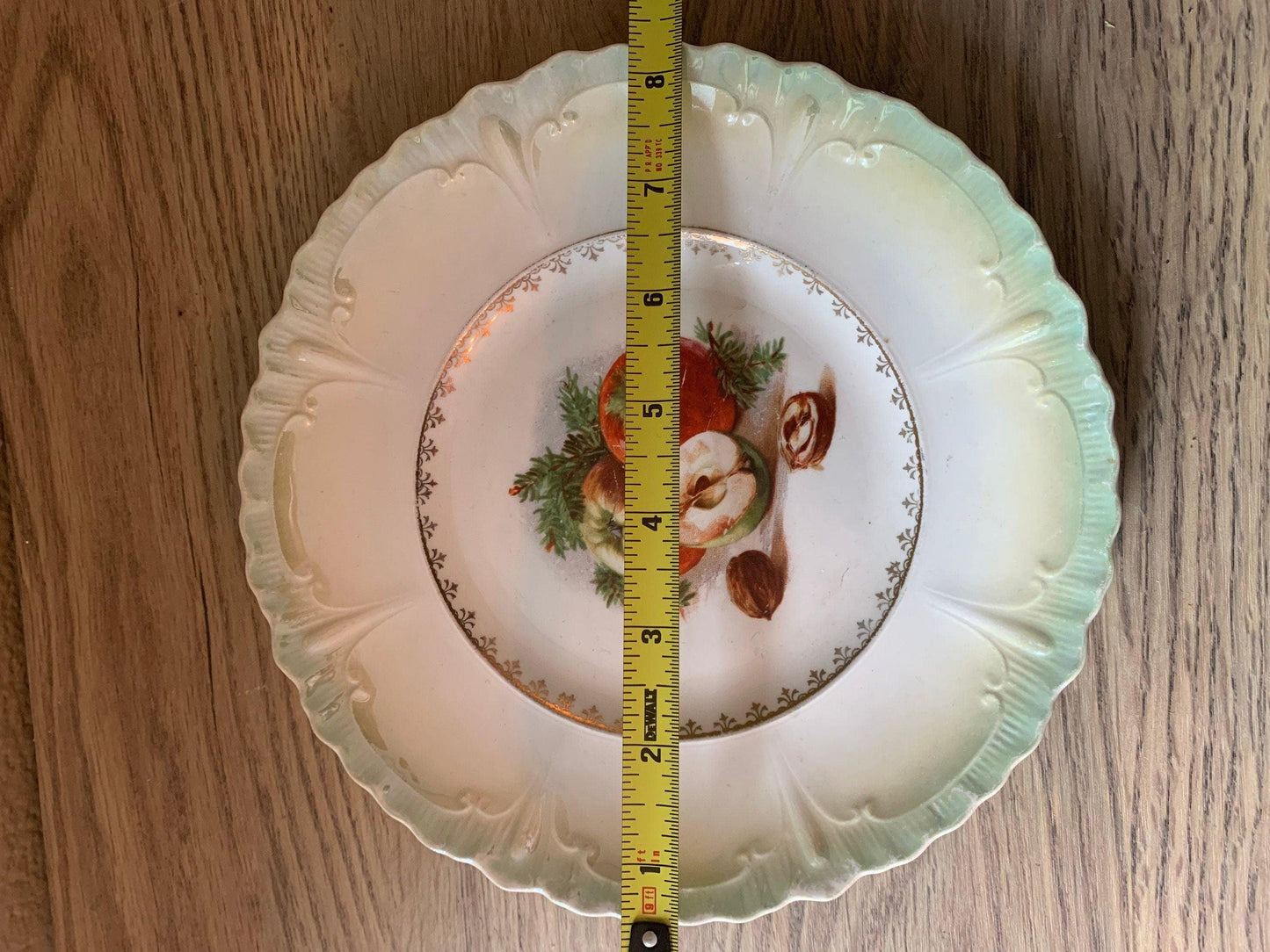 Vintage China Plate, Hand Painted Lusterware With Apple Design And Pale Green Scalloped Edge, Vintage Porcelain Bread Plate -Located at Funkyhouse Vintage Antique Store, Weiser Idaho