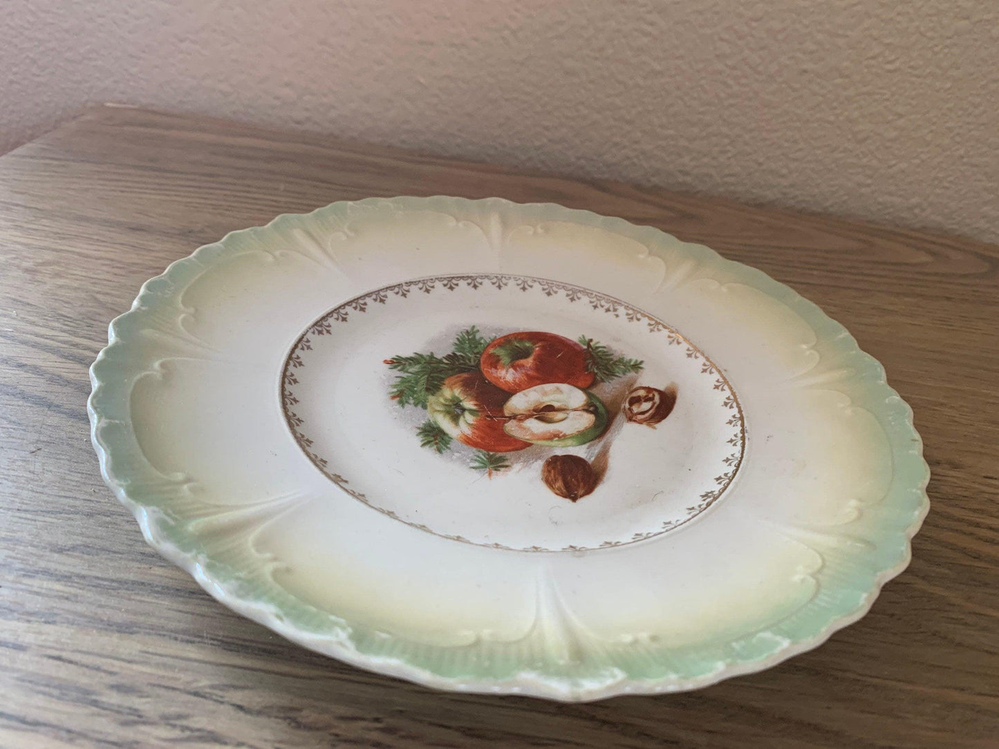Vintage China Plate, Hand Painted Lusterware With Apple Design And Pale Green Scalloped Edge, Vintage Porcelain Bread Plate -Located at Funkyhouse Vintage Antique Store, Weiser Idaho
