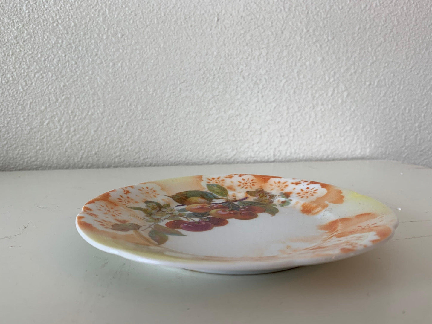 Vintage China Plate, Hand Painted With Cherry Design And Orange Flowers Edge, Vintage Porcelain Bread Plate -Located at Funkyhouse Vintage Antique Store, Weiser Idaho